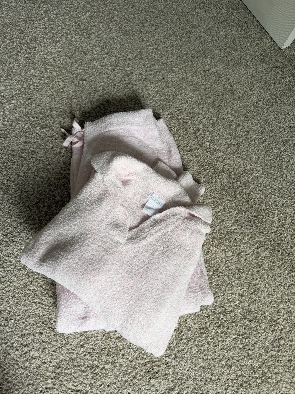 Softies Women's Plush Light Pink Pajama Set - Soft V-Neck Top & Drawstring Pants